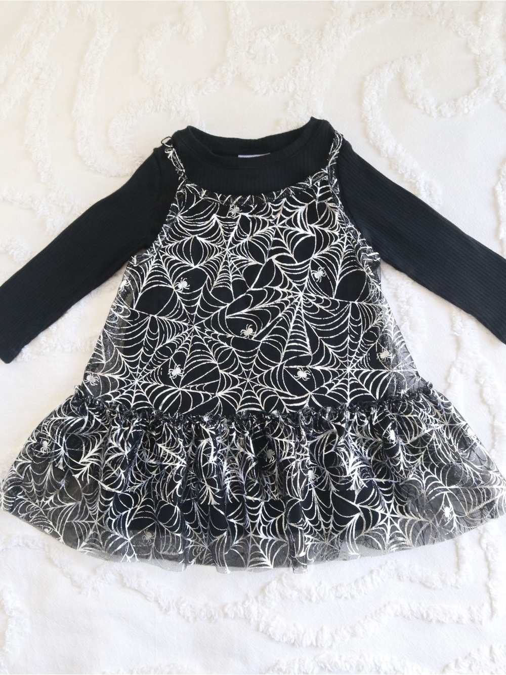 Jumping Beans | Halloween Silver Spiderweb Tulle Mesh Overlay Ribbed Knit Dress